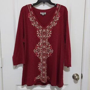 JM Collection Red Embroidered V-Neck Tunic